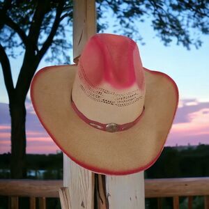 Western Express Cowgirl Straw Western Hat~ Cream Pink Fitted~ Wide Brim